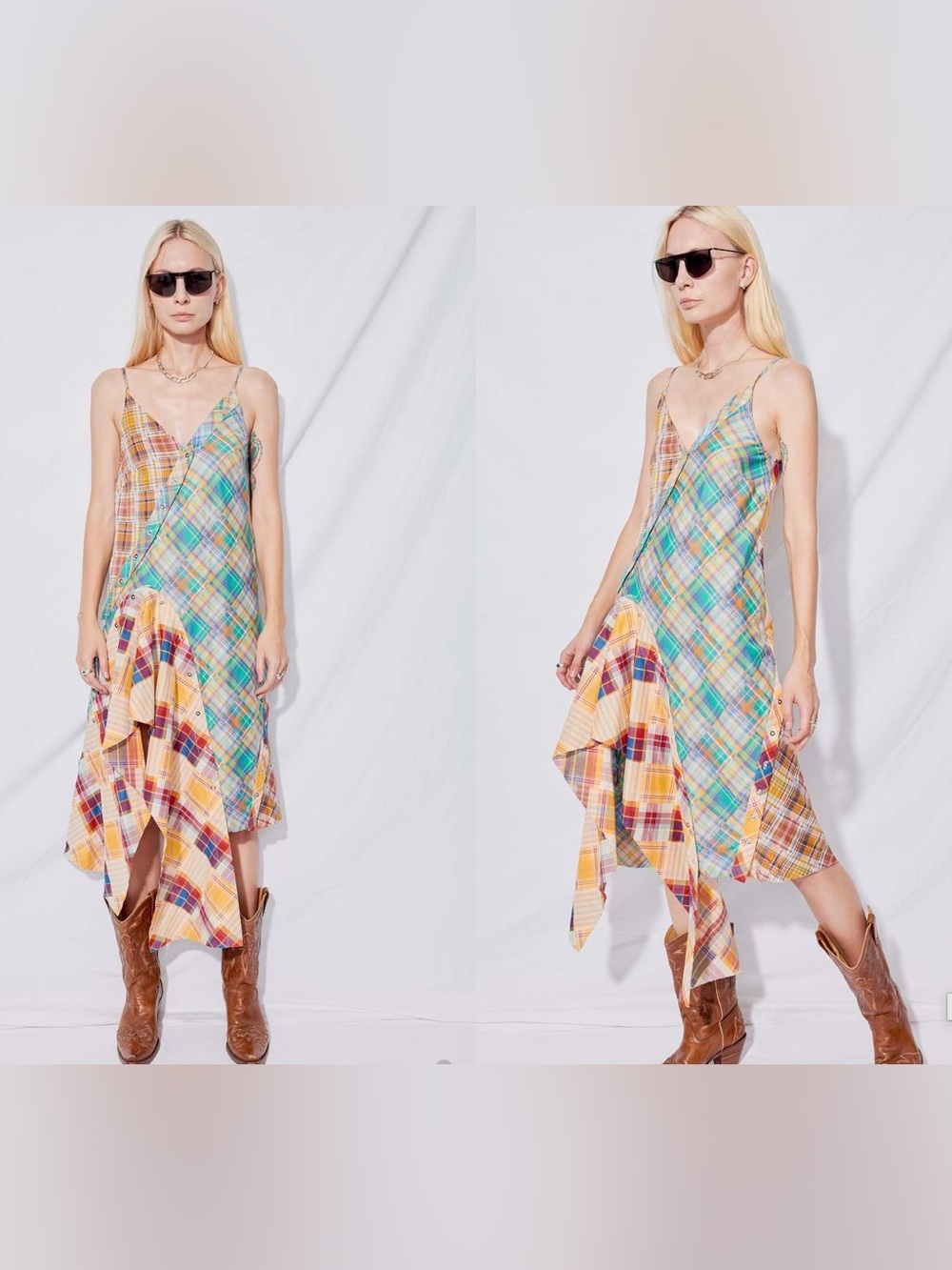 Marques Almeida Multi-Plaid Pieced Spaghetti Strap Dress with Asymmetrical Hem